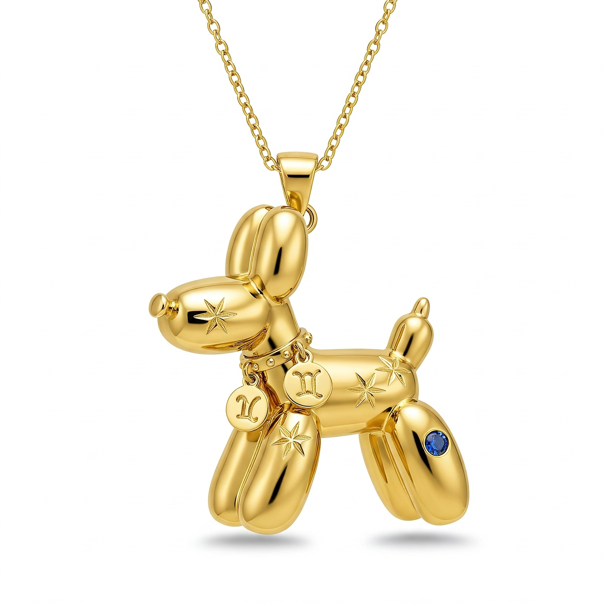 Balloon Dog Pendant Necklace with Star and Blue Crystal Accent in Stainless Steel